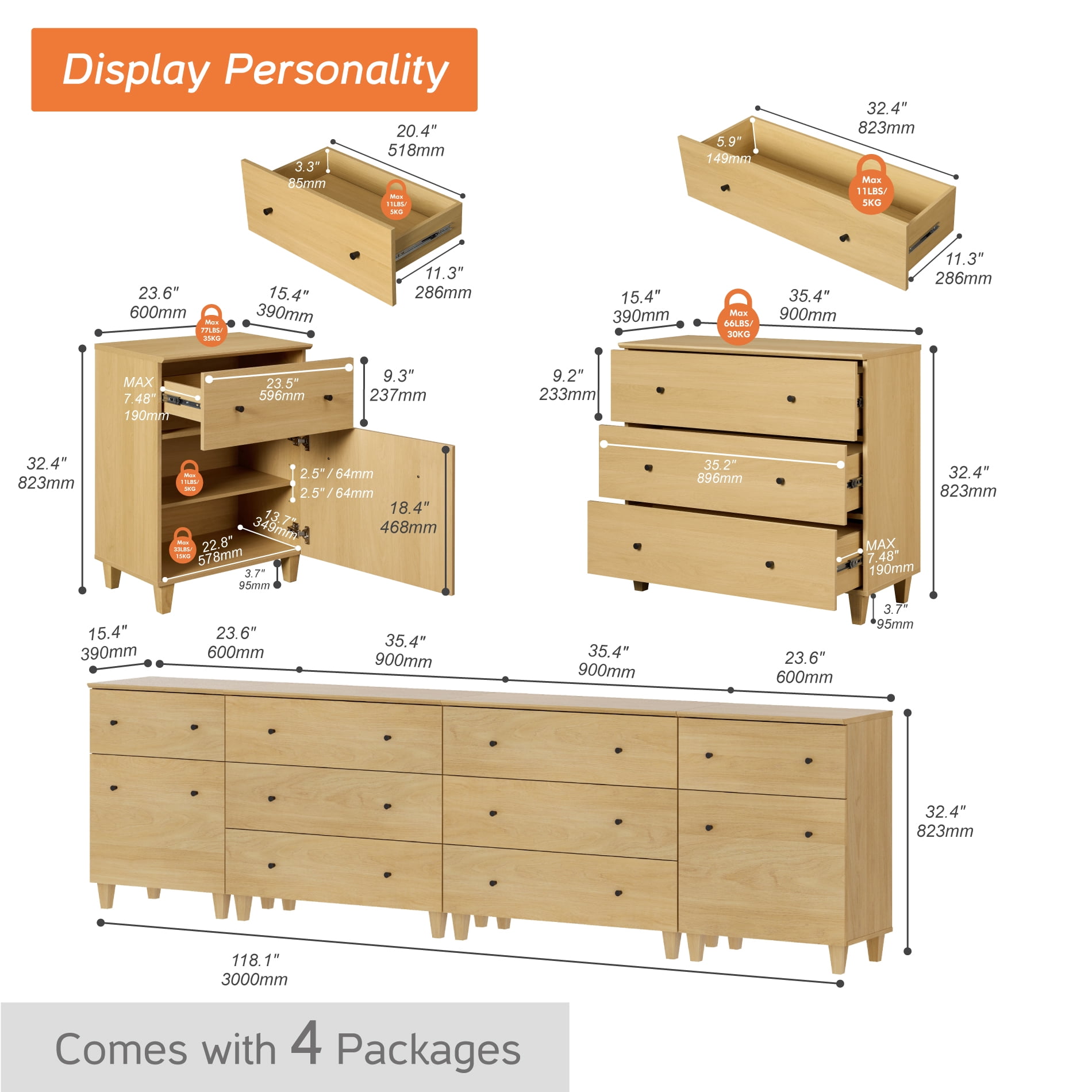 WAMPAT Wide Modern TV Stand for 110+ Inches TVs, 4-in-1 Large Wooden Media Console with 8 Spacious Drawers and 2 Storage Cabinets for Living Room, Oak