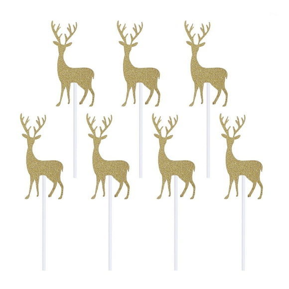 10pcs Glitter Christmas Elk Deer Cake Cupacake Toppers Picks For Christmas Birthday Home Party Cake Decoration Supplies (Style 2, Golden)