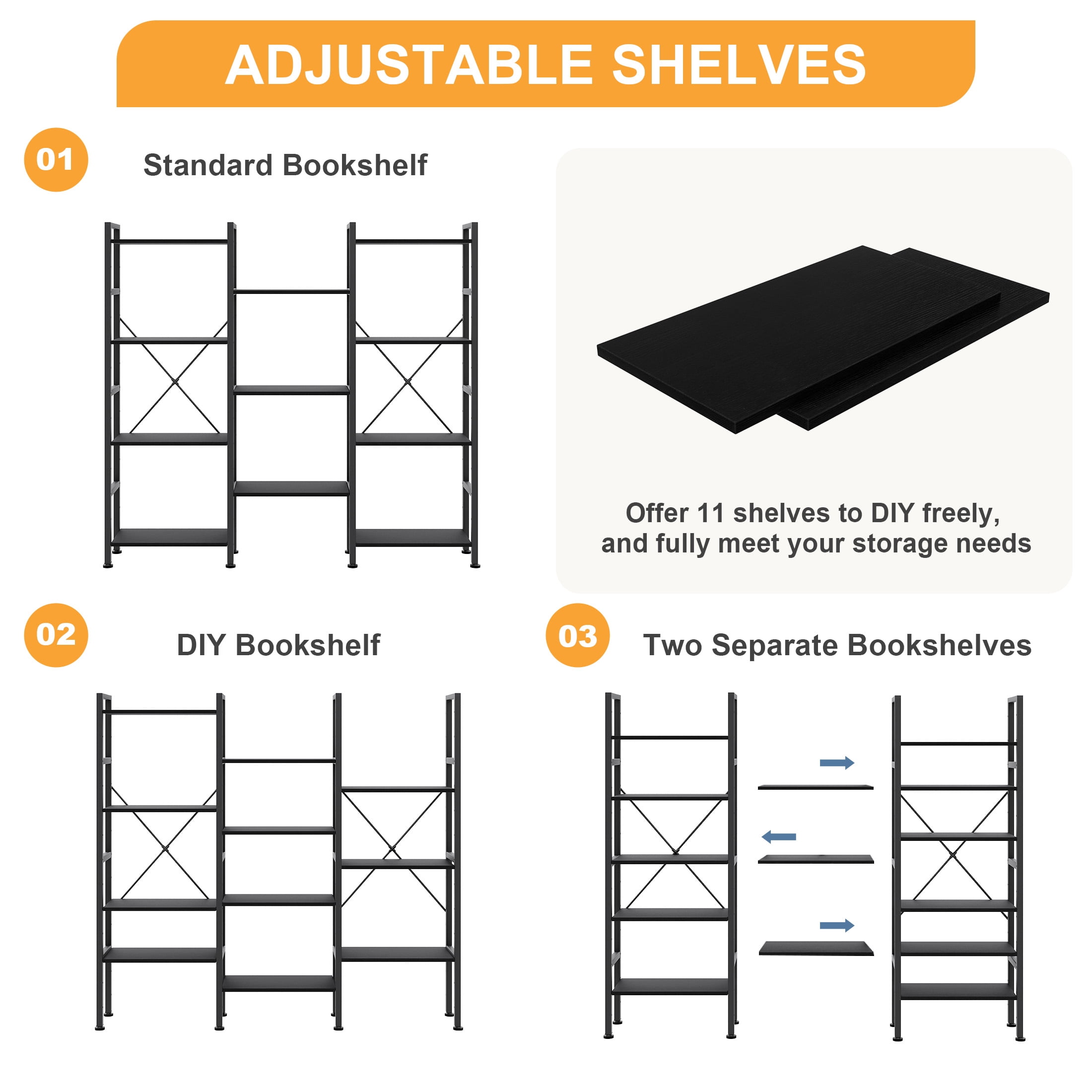 EDX Triple 4 Tier Bookshelf Storage Shelf, Modern Freestanding Bookcase with Metal Frame, Open Display Shelves, Space Saving Storage Organizer, Black