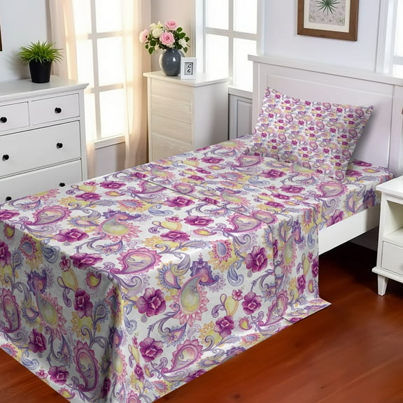 Ambesonne East Fitted & Top Sheet Set with Sham, Watercolor Peonies Art, Magenta Purple Yellow