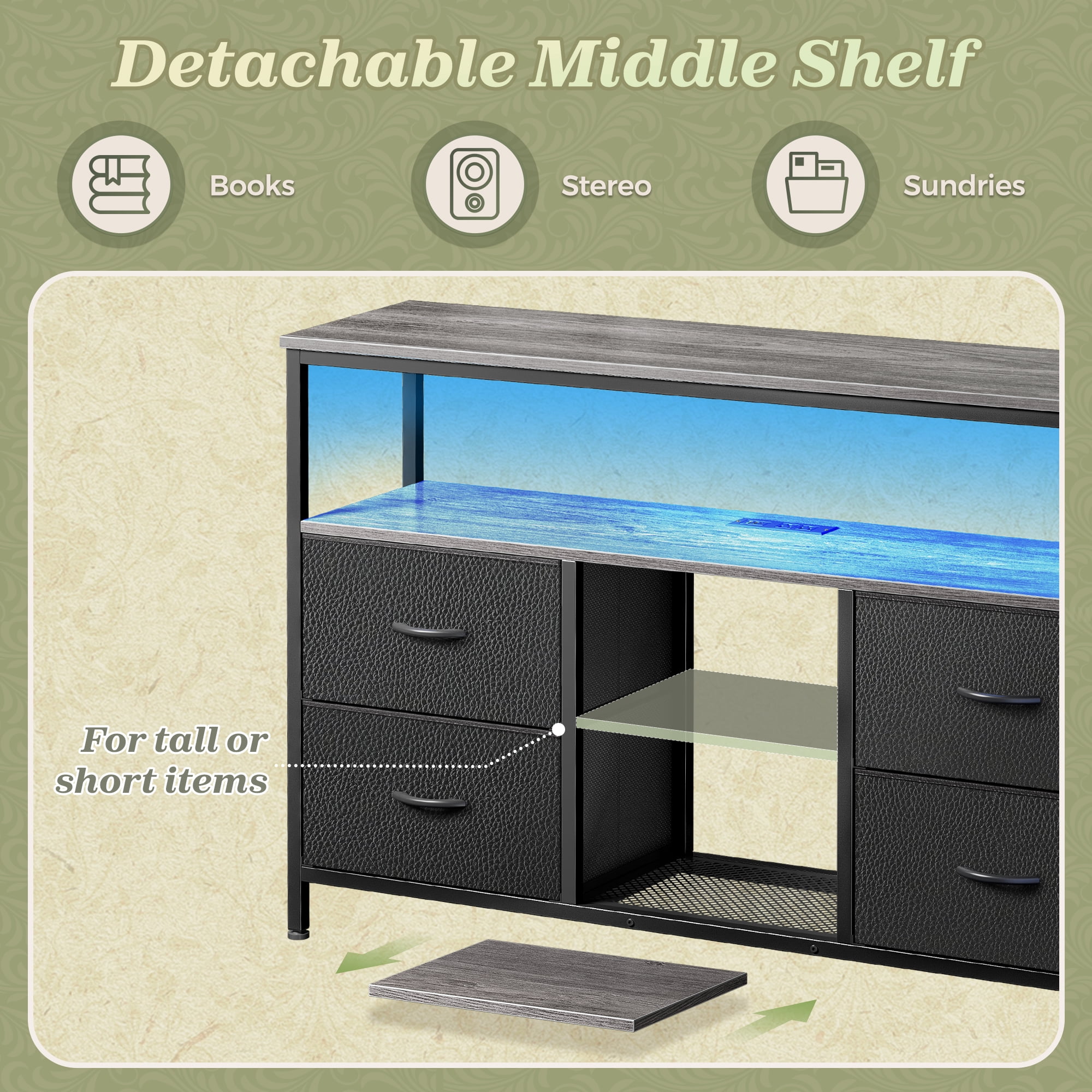 Amadwell TV Stand with Power Outlets & LED Lights, 4 Drawer Dresser Entertainment Center, Media Console with Open Shelf