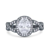 Black Tone, Simulated Cubic Zirconia Size-5 Infinity Twisted Shank Art Deco Halo Oval Wedding Engagement Ring 925 Sterling Silver