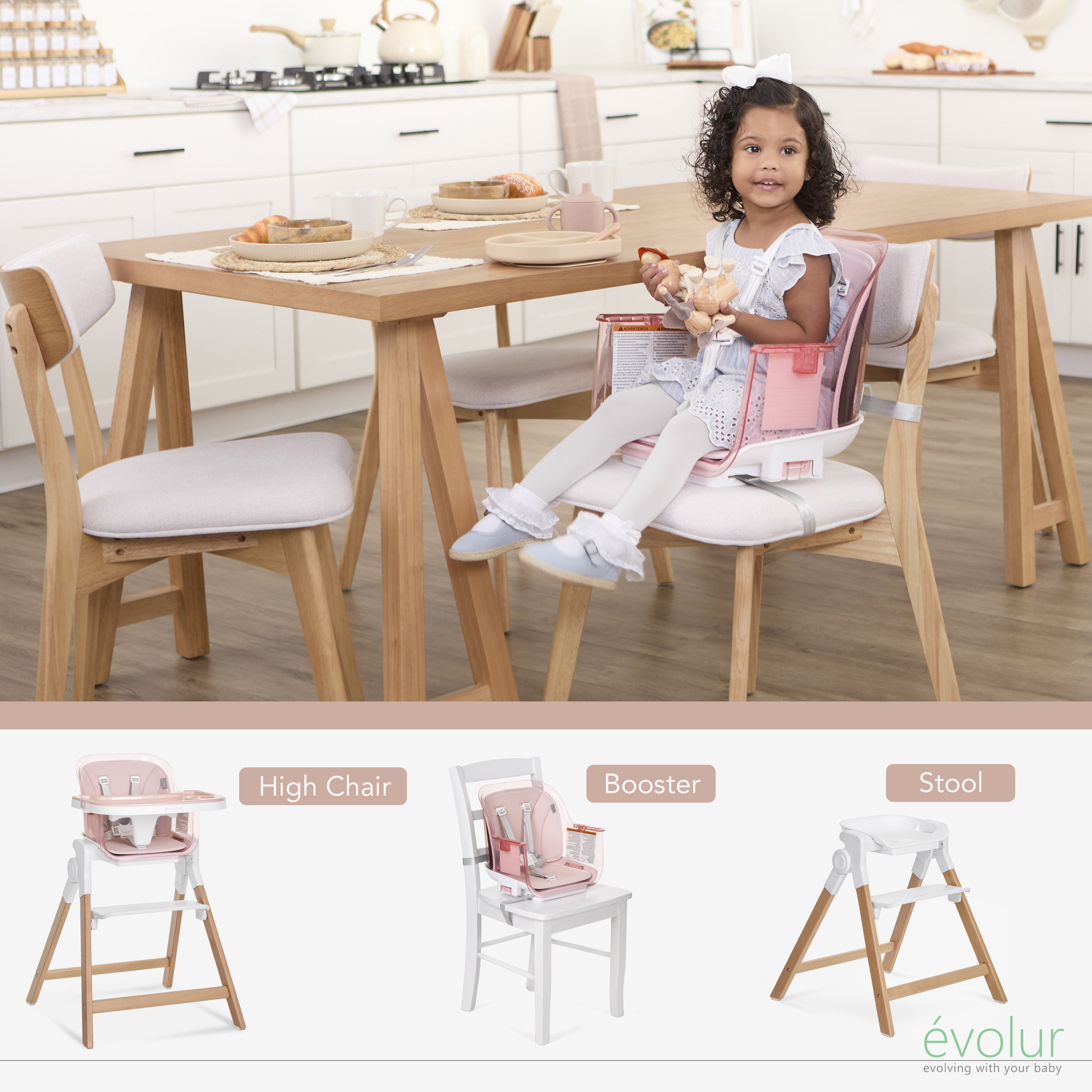 Evolur Tiny Throne 2-in-1 Portable High chair in Grapefruit Pink, Baby High Chair Converts into Booster Seat & Adult Stool, Removable Tray and Easy To Clean