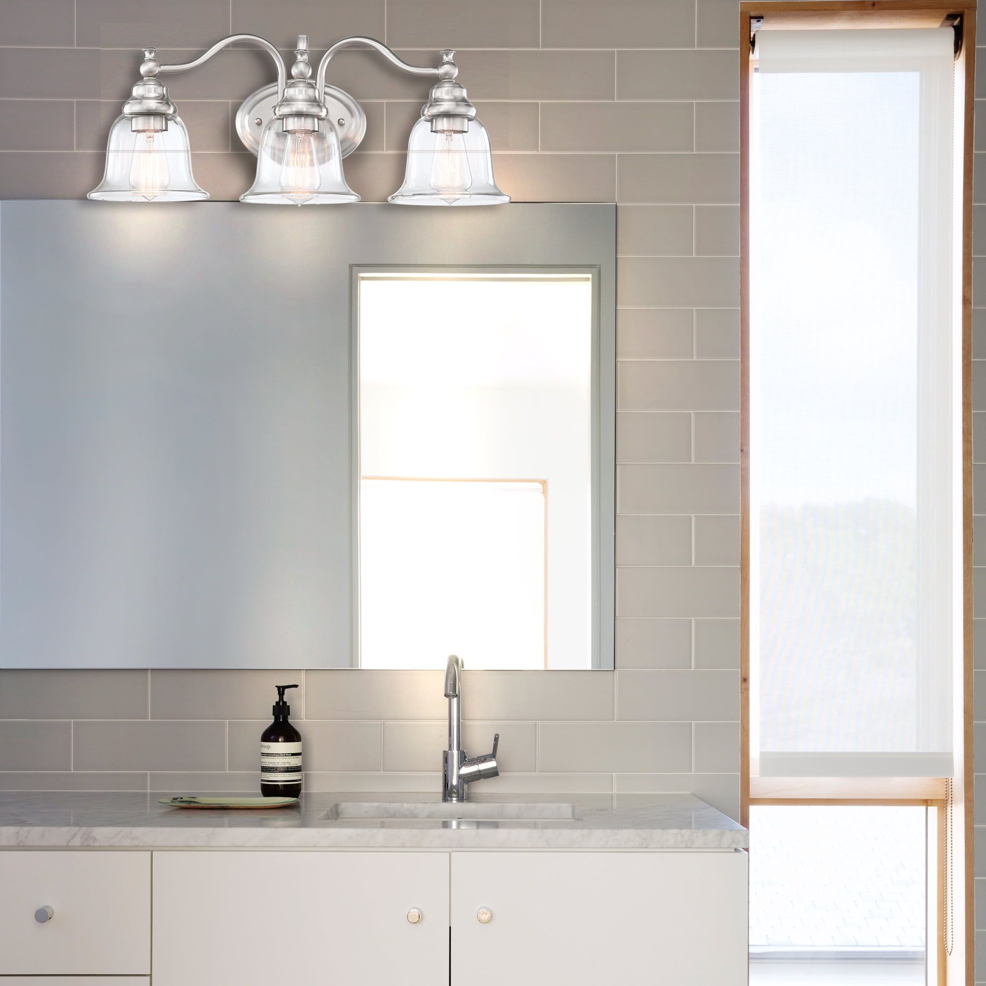 3-Light 22.83" Traditional Bathroom Vanity Light over Mirrors Brushed Nickle Vanity Lights for Bathroom with Trumpet Glass Shade