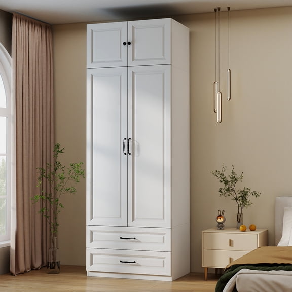 89" H Armoire Wardrobe Closet with 2 Drawers and Top Cabinet, Freestanding Armoire Cabinet with Hanging Rod, Wooden Wardrobe Storage Cabinet for Bedroom