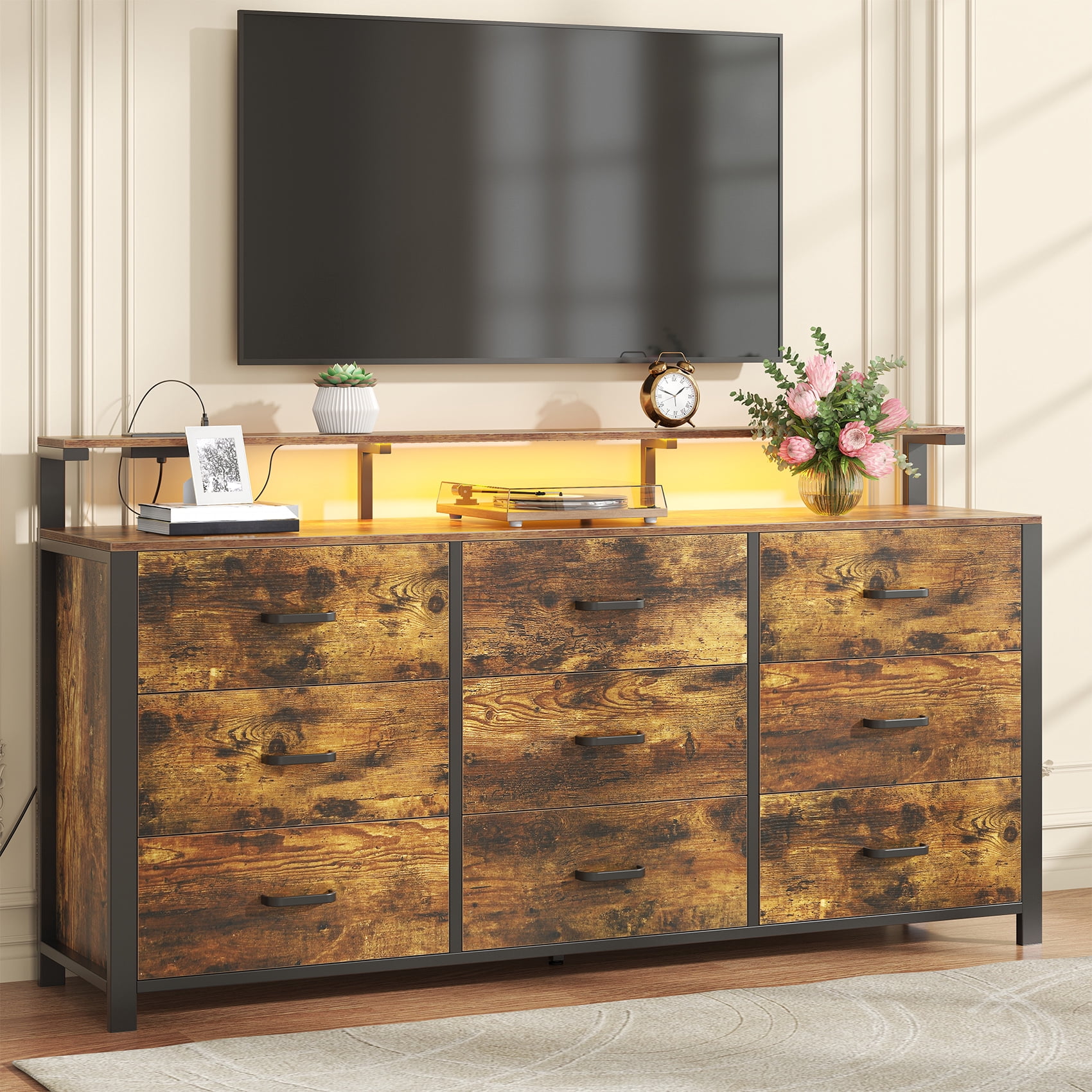 Winkalon 9 Drawer Dresser with LED Light & Charging Station, 63" Long Modern Dresser with 9 Drawers for Bedroom, Wooden Dresser Large Closet of Drawers