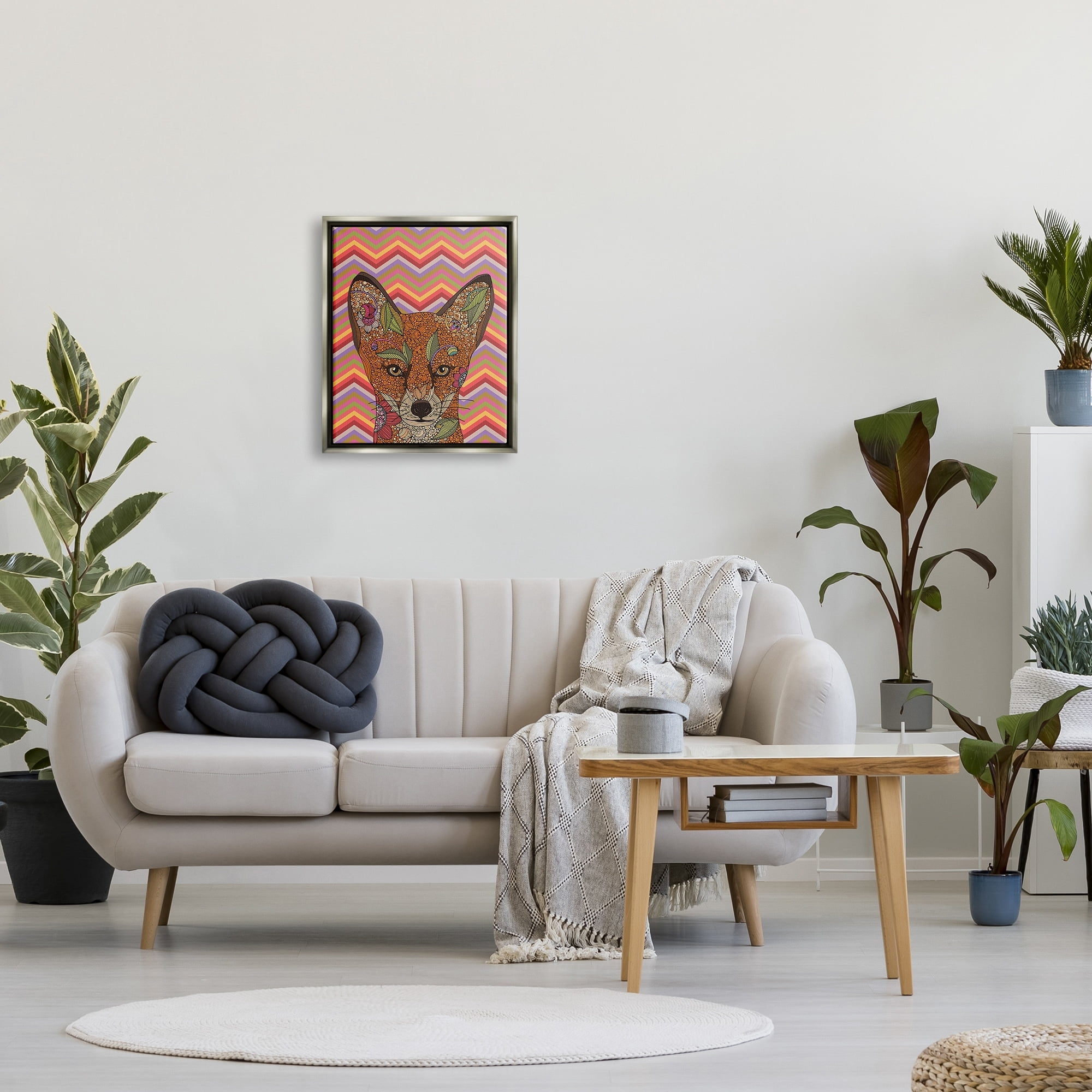 Stupell Industries Detailed Fox Retro Zig Zag Pattern Mandala Fractals Graphic Art Luster Gray Floating Framed Canvas Print Wall Art, Design by Valentina Harper