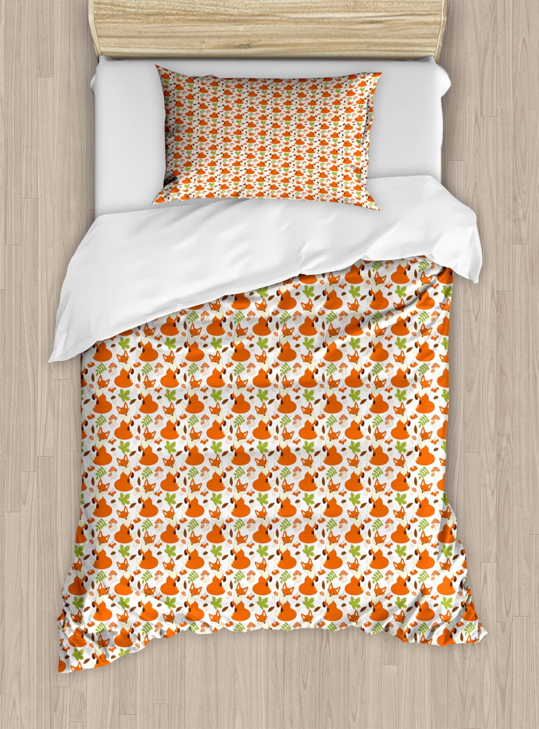 Fox Twin Size Duvet Cover Set, Forest Fauna and Flora with Cute Foxes