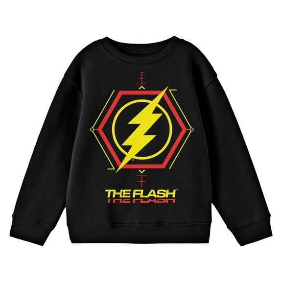 The Flash Movie Hexagon Thunderbolt Logo Crew Neck Long Sleeve Youth Black Sweatshirt-Medium