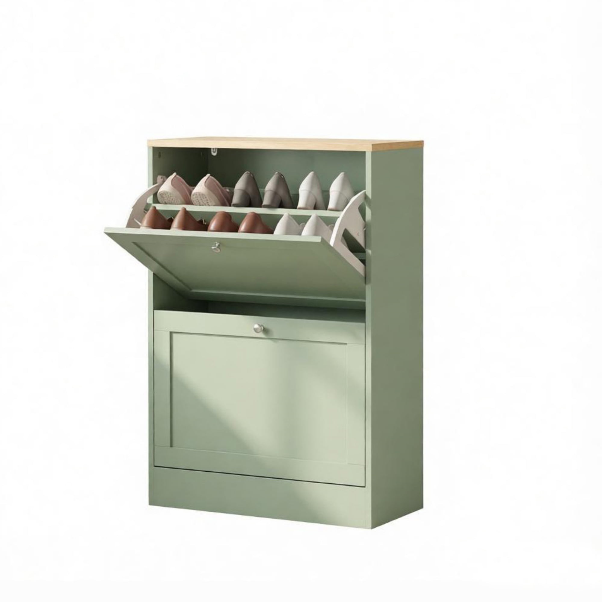 Slim Shoe Storage Cabinet, 2 Flip Drawers & Adjustable Shelves, Holds 8-12 Pairs, Green