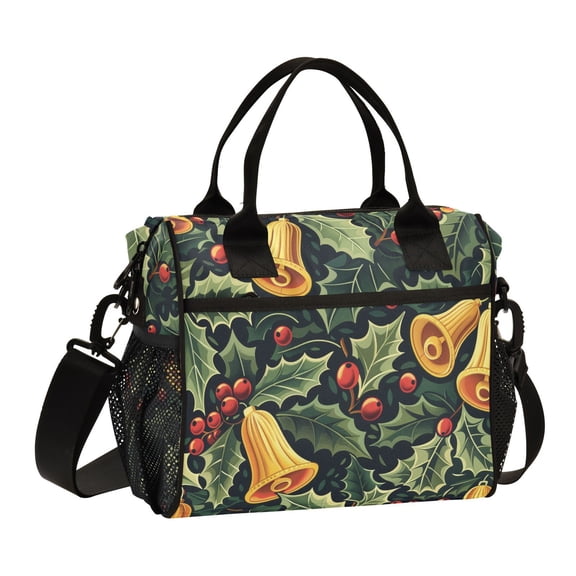 Ckdifva Holly Berries Christmas Bells Cooler Bag Cooler Cooling Tote Lunch Bag Lunch Box Front Pocket with Shoulder Strap