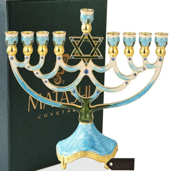 Matashi Hand Painted Enamel Menorah Candelabra Star of David Design w/ Gold Accents & Crystals