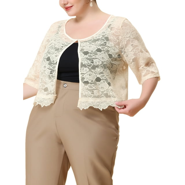 GRACE & GRANDEUR Women's Plus Size Sheer Floral Lace Open Front Shrug Elegant Cardigans 2X Beige