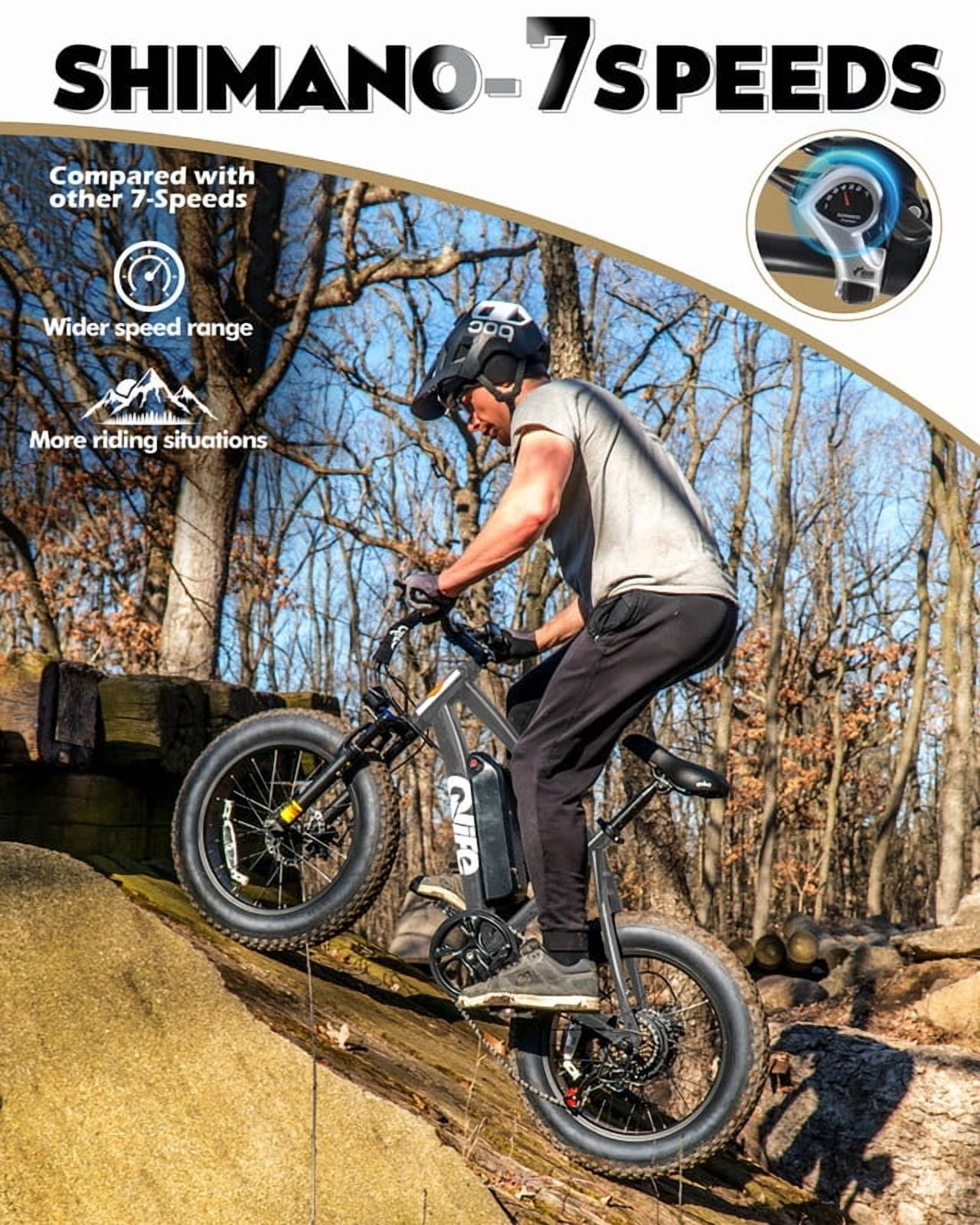 Qlife Racer Fat Tire Electric Bicycle for Adults, 28MPH Mountain Ebike with Peak 1200W Brushless Motor, Removable Battery, 20X4.0 Tire Step Over E-MTB with 7-Speed Gray
