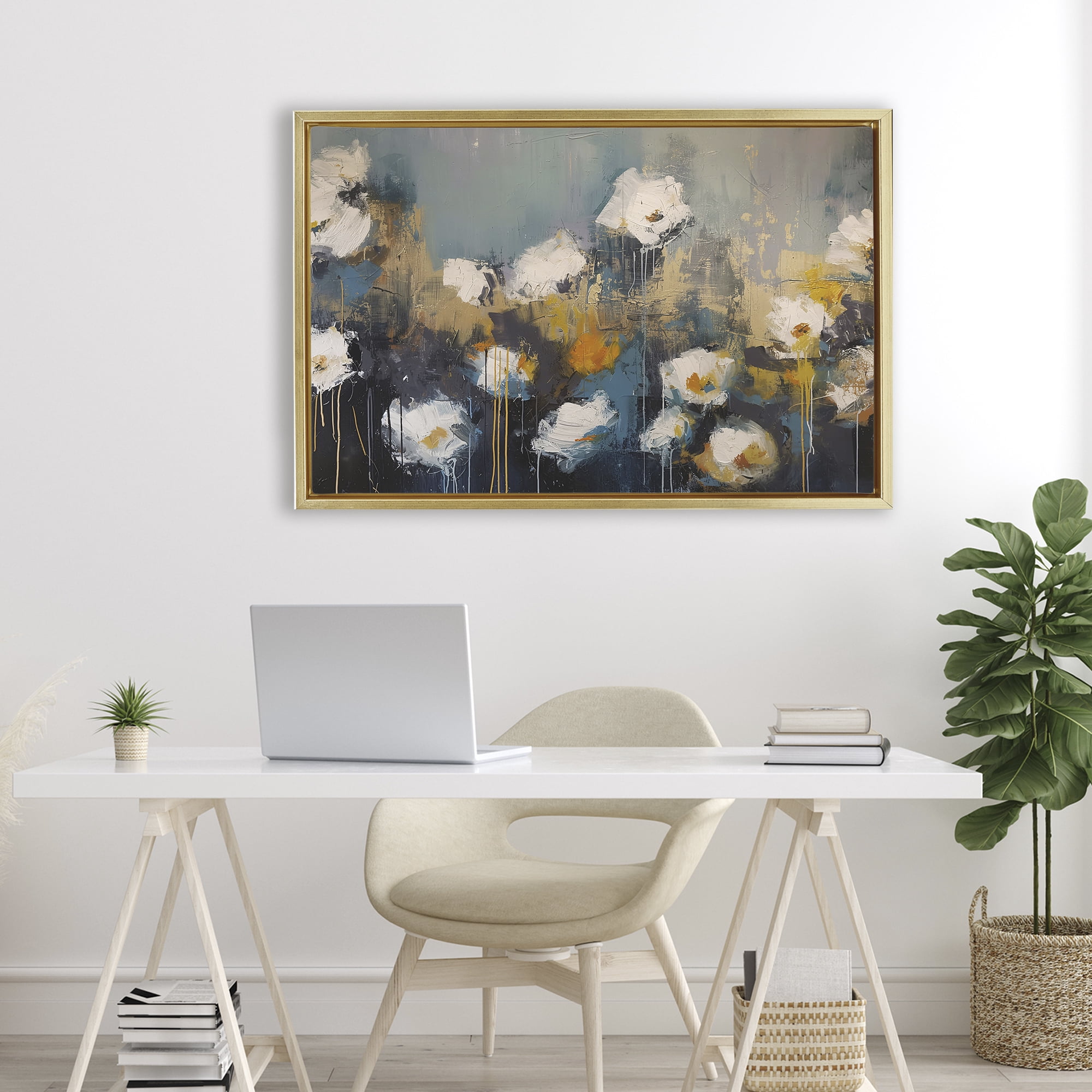 Stupell Industries Contemporary Paint Drip Blossoms Gold Framed Floater Canvas Wall Art, design by Jacky Ngan