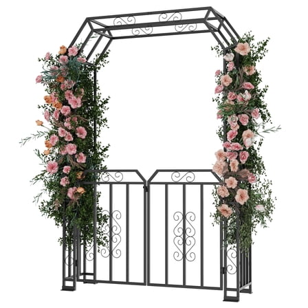Metal Garden Arch with Gate, Decorative Arbor Trellis for Climbing Plants, Sturdy & Rust-Proof Outdoor Archway for Backyard, Patio and Ceremony Decor