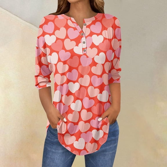 GILIGEGE Women's Valentine Tops Long Sleeve Shirts V Neck Hearts Floral Tunic Curved Hem Spring Casual Blouse,Henley Shirts for Women,3/4 Sleeve Shirts Fall Fashion Cute Work Outfits Clothes