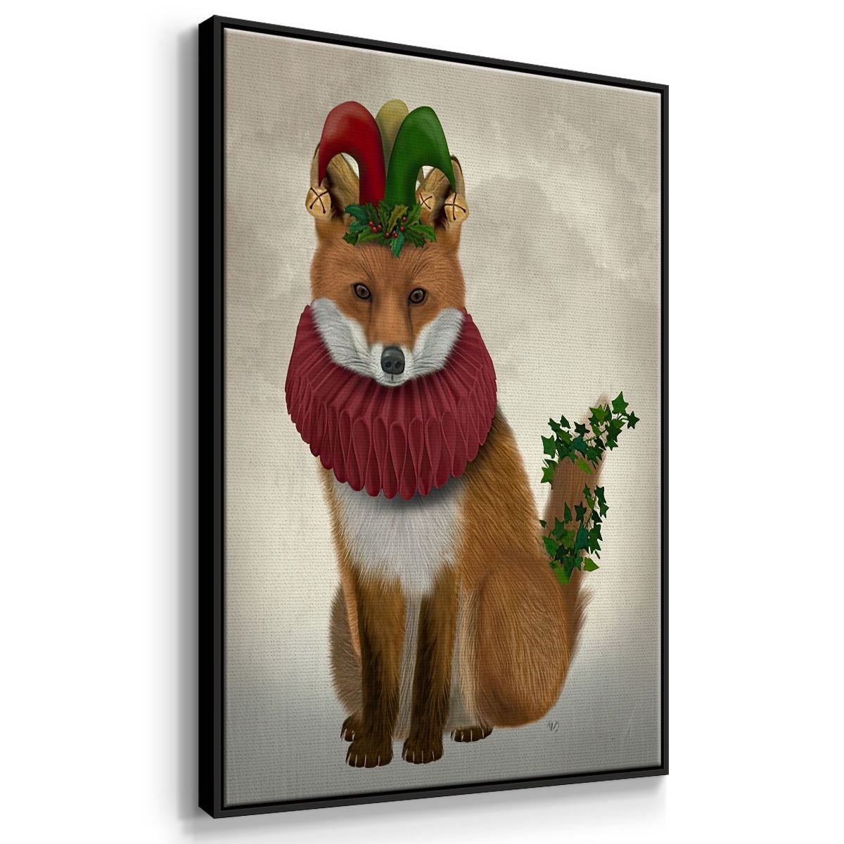 Christmas Holly and Ivy Fox - Framed Gallery Wrapped Holiday Canvas - 27 x 41 - Black Frame