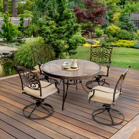 Hanover Traditions 5-Piece Dining Set in Tan with 47 in. Glass-top Table