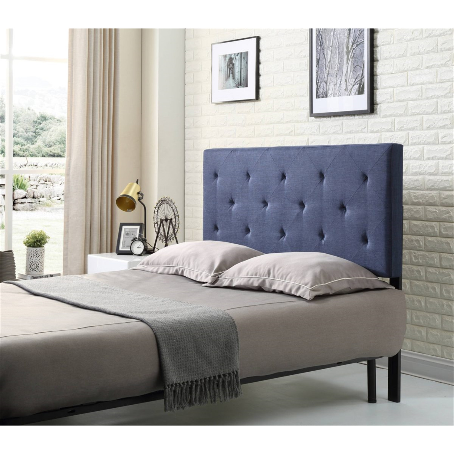 Hodedah HIHB13 F BLUE Full-Size Upholstered Tufted Rectangular Headboard - Blue