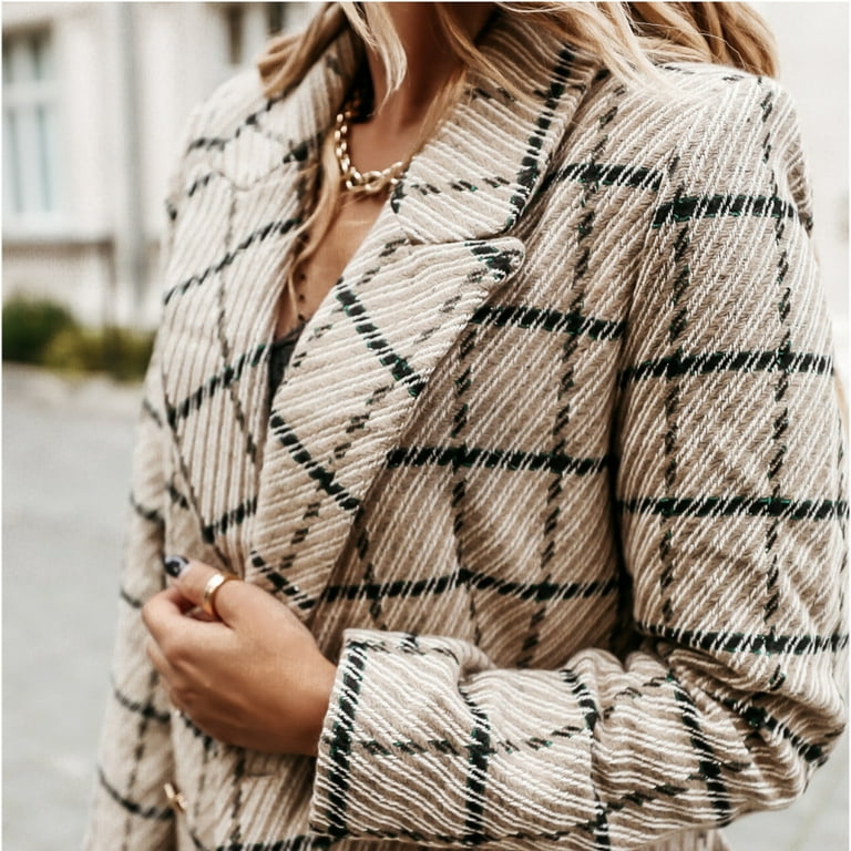 Tan plaid blazer womens cheap