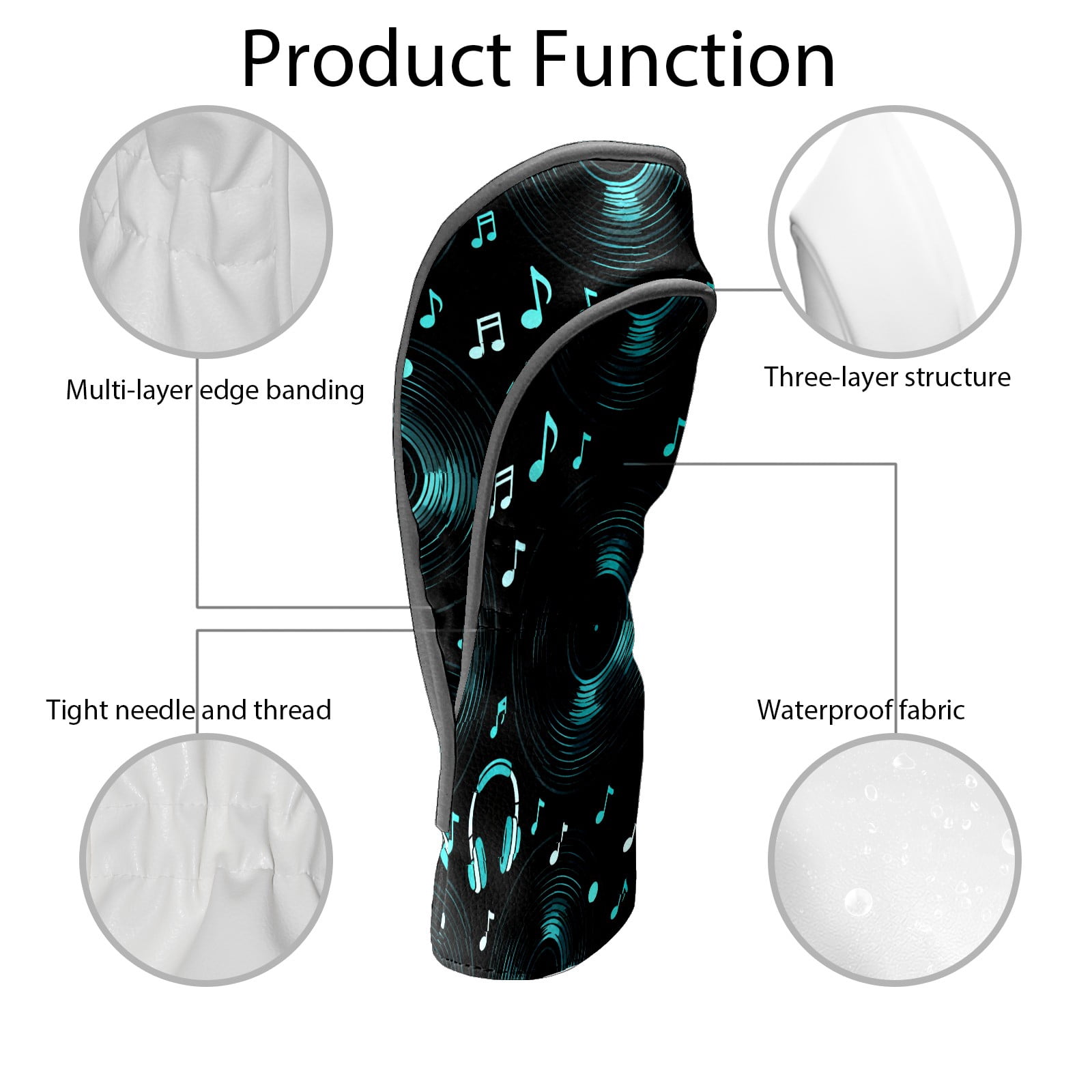 Golf Club Covers, Black MusicHeadphone Premium PU Leather Driver Hybrid Putter Head Covers with Velvet Lining, Waterproof Golf Gifts for Men Women