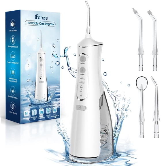 Qunler Cordless Water Flosser, Rechargeable Oral Irrigator with 300ml Water Tank, 4 Cleaning Modes & 4 Tips, Portable Dental Water Flosser for Travel Home Office, White