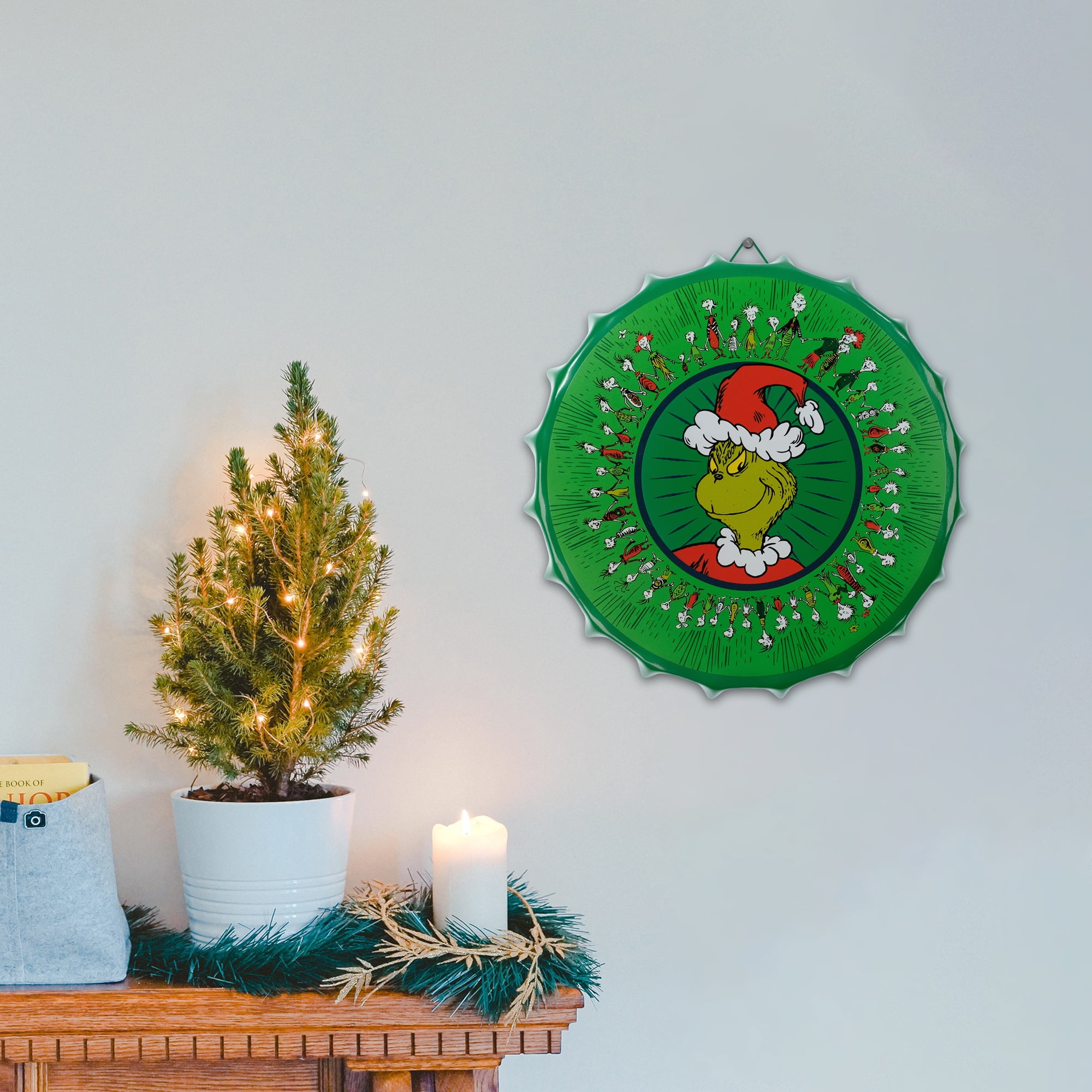 Grinch Round Metal Bottle Cap Sign, 11.6" Diameter, Green, Novelty, by Ruz