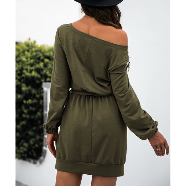 Vestido De Suéter Corto Con Lazo En La Cintura, Informal, Holgado, Con Correa En La Cintura Y Hombros Descubiertos, Vestido Elástico Para La Escuela ANGGREK Otros