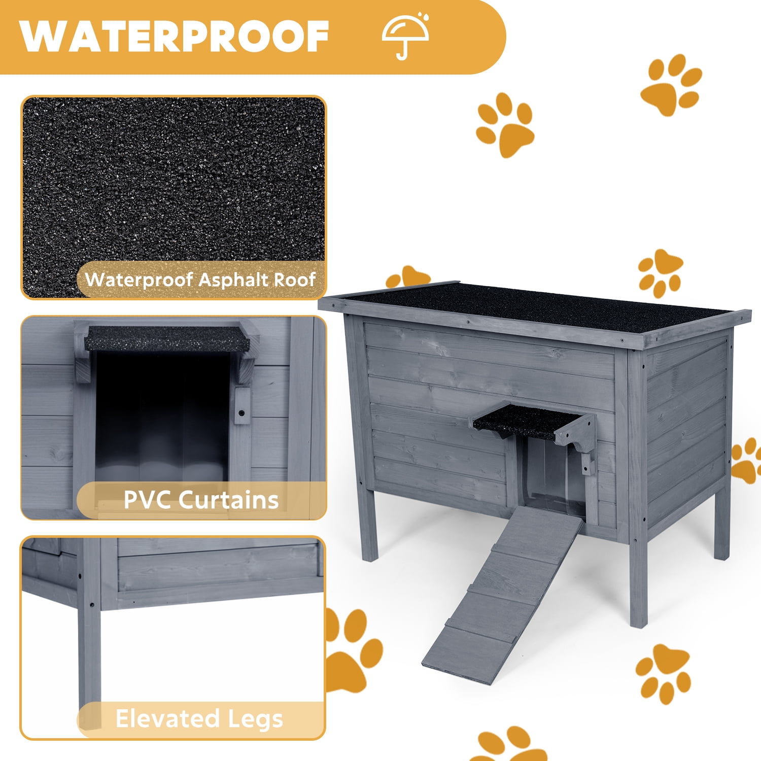 Hidpriva Insulated Wooden Outdoor Cat House, Weather-Resistant Feral Cat Shelter for Winter w/ Foldable Ladder & Visible Window, Gray
