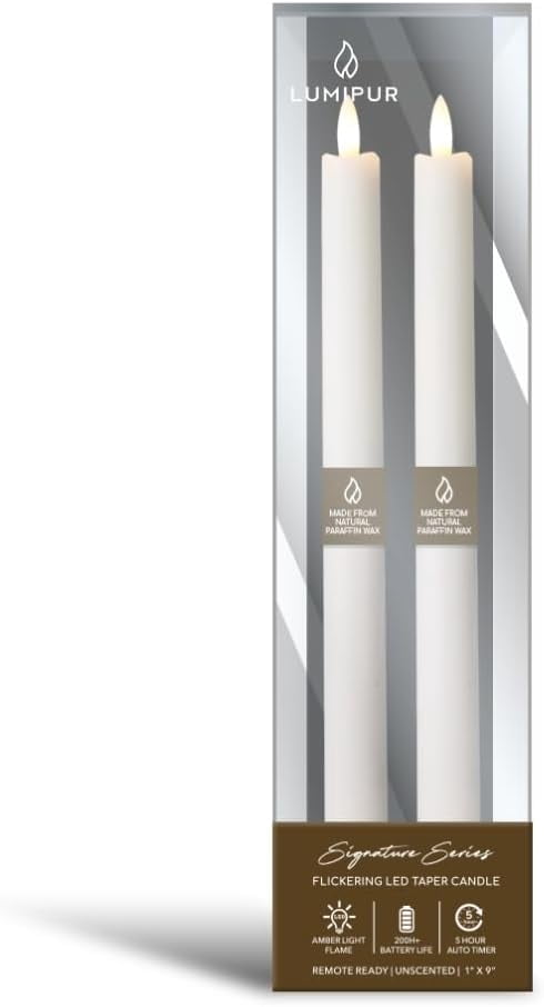 LumiPur Signature Collection Natural Glow LED Flameless Taper Candles, 1" x 9", Linen White, 2-Pack