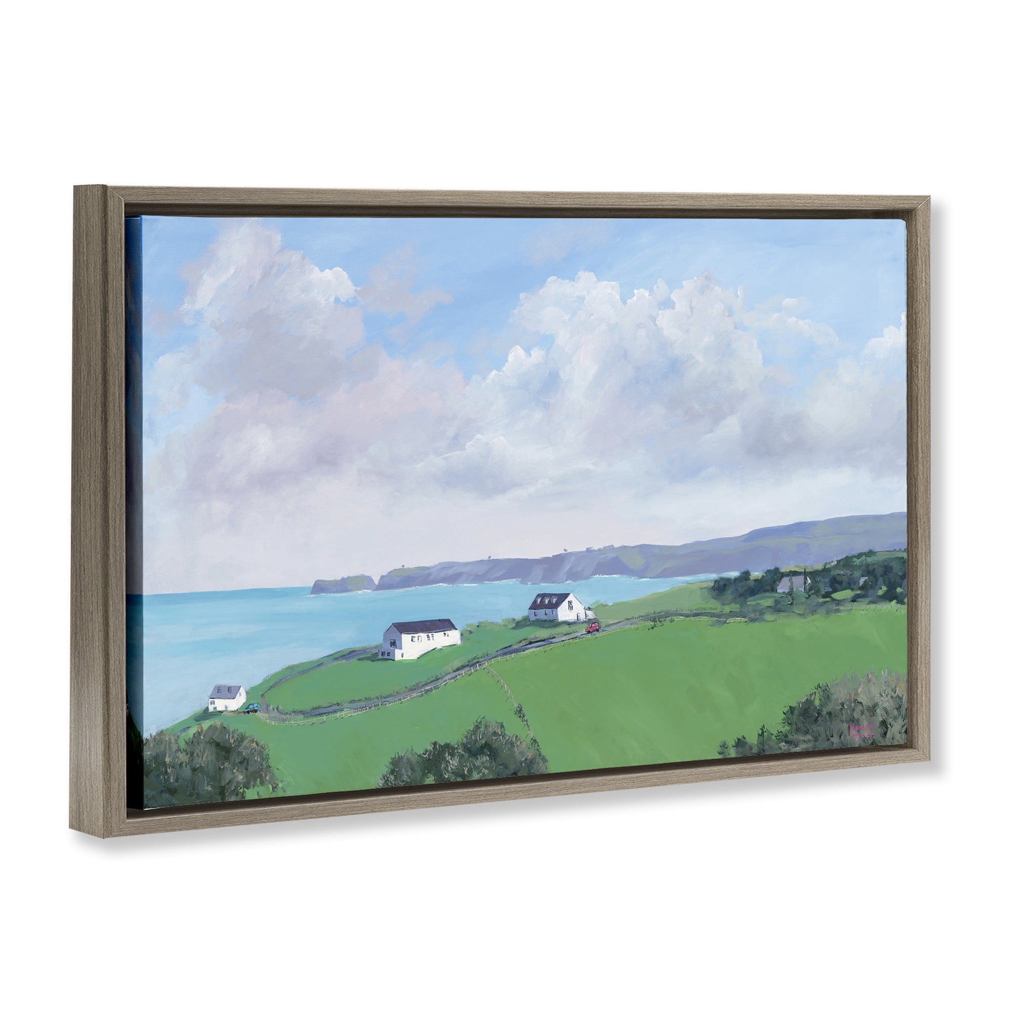 Stupell Industries Coastal Farm Houses Landscape Painting Brown Floater Framed Art Print Wall Art, 31 x 21