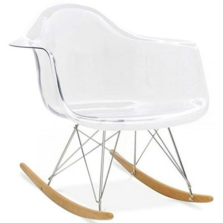 Acrylic Cradle Chair - 2xhome - Clear - Eames Style Molded Modern Plastic Armchair – Contemporary Accent Retro Rocker Chrome Steel Eiffel Base - Ash Wood Rockers - Rocking Style Lounge Cradle Arm Chair