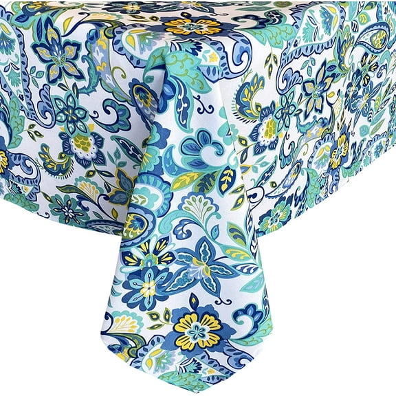 Newbridge Corfu Mediterranean Blue Paisley Indoor/Outdoor Fabric Tablecloth, Shabby Chic Paisley Floral Stain and Water Resistant Heavy Weight Tablecloth, 52” X 52” Square
