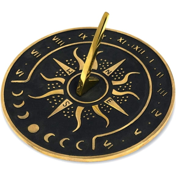 Nautical Brass Garden Sundial Clock - 8.5” Diameter Sundial Clock with Polished Brass Highlights