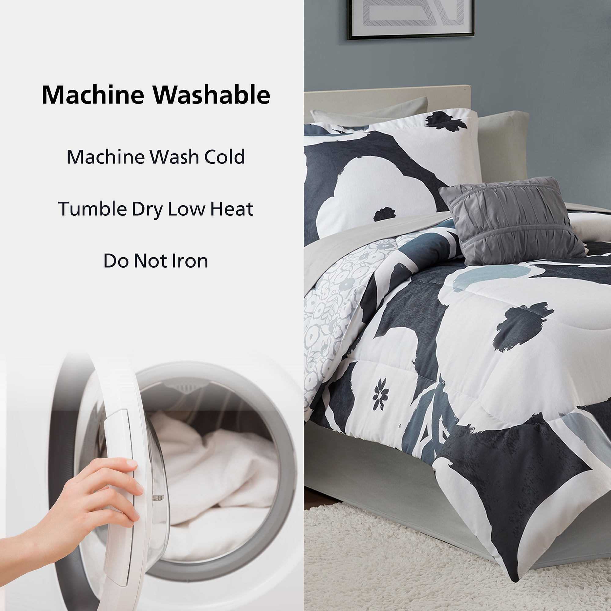 Mainstays All in One Reversible Comforter and Sheet set- 8 Piece, Twin, Black and White Floral