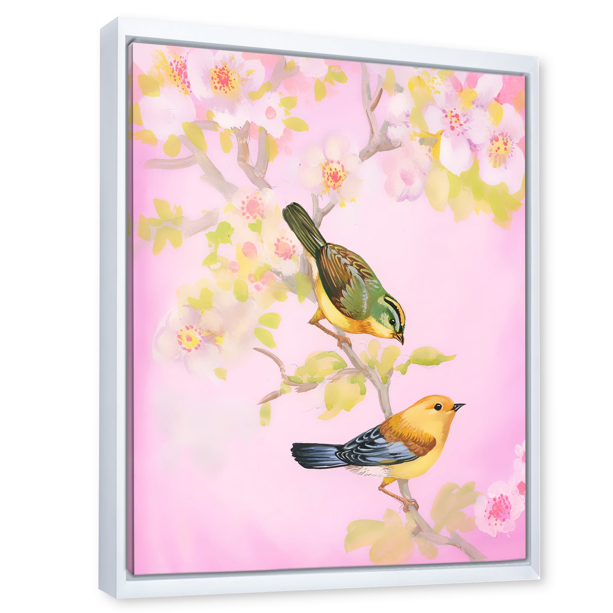 Designart 'Beautiful Bright Birds Sitting On Branch' Traditional Framed Canvas Wall Art Print