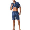 thumbnail image 4 of INSPIRE CHIC Men's Satin Button Down Striped Short Sleeve Shirt and Shorts Pajama Set M Blue, 4 of 6