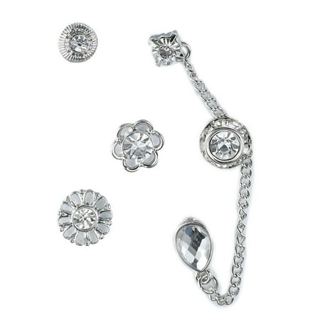 Silver Tone Flower, Rhinestone & Crystal Drop Chain Link- Assorted Stud Earrings (6 Piece) Set, By JADA Collections