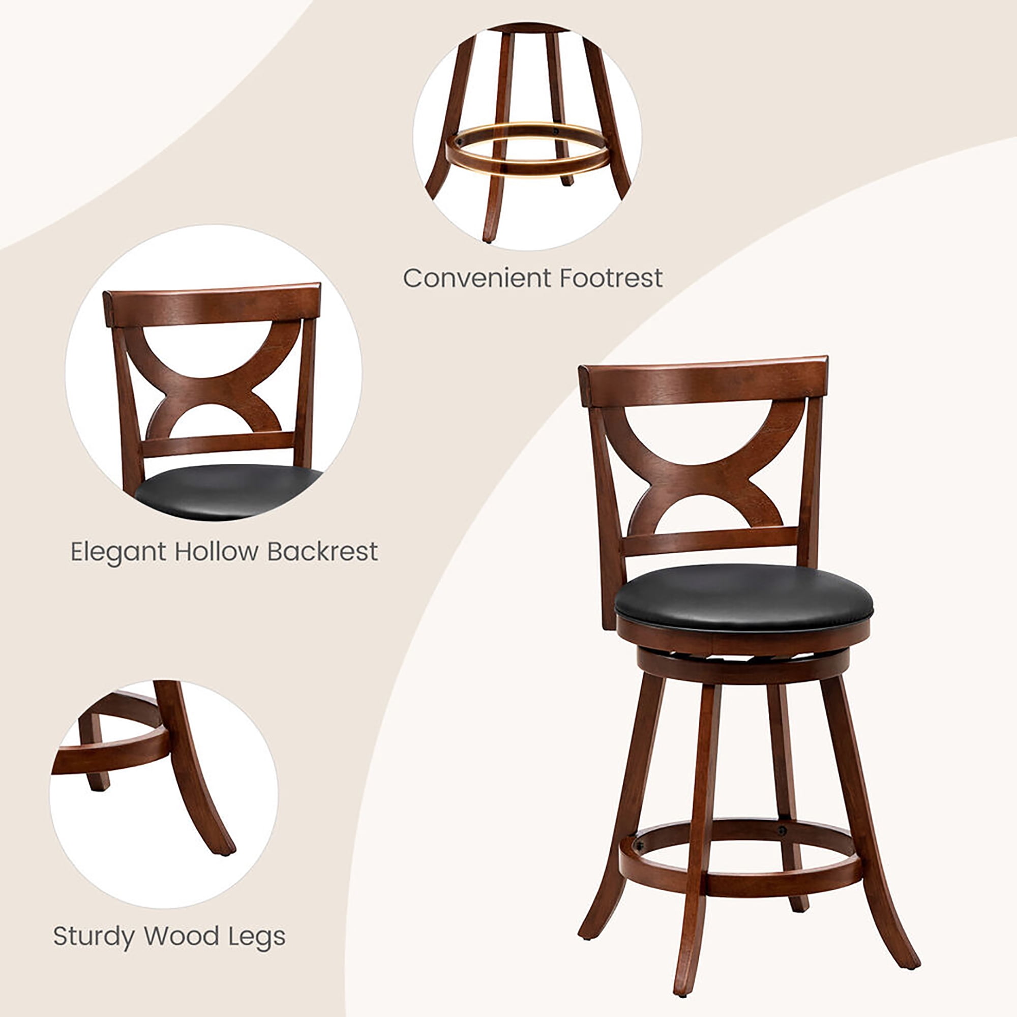 Gymax 4pcs 24'' Bar Stools 360° Swivel Counter Height w/ PVC Leather Cushioned Seat