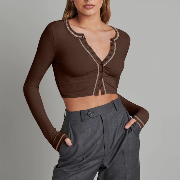 Top de cuello redondo para mujer Top de manga larga con ribete de rayas Top de entrenamiento de color ajustado en contraste