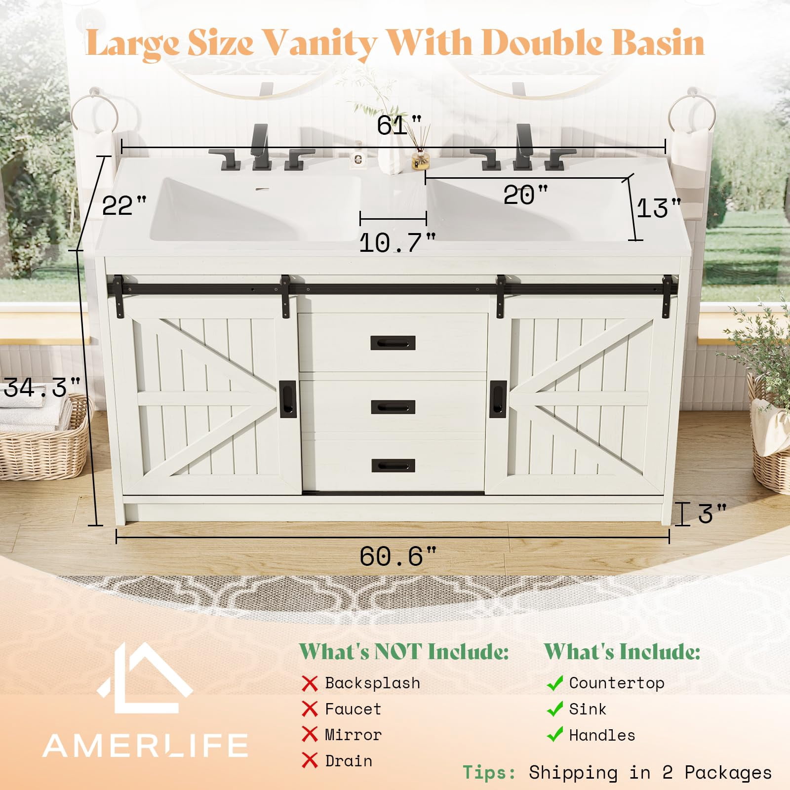 VanAcc 61" Farmhouse Double Bathroom Vanity with Sink Combo, Dual Basin Bathroom Storage Cabinet with Sliding Barn Doors & Drawers, White