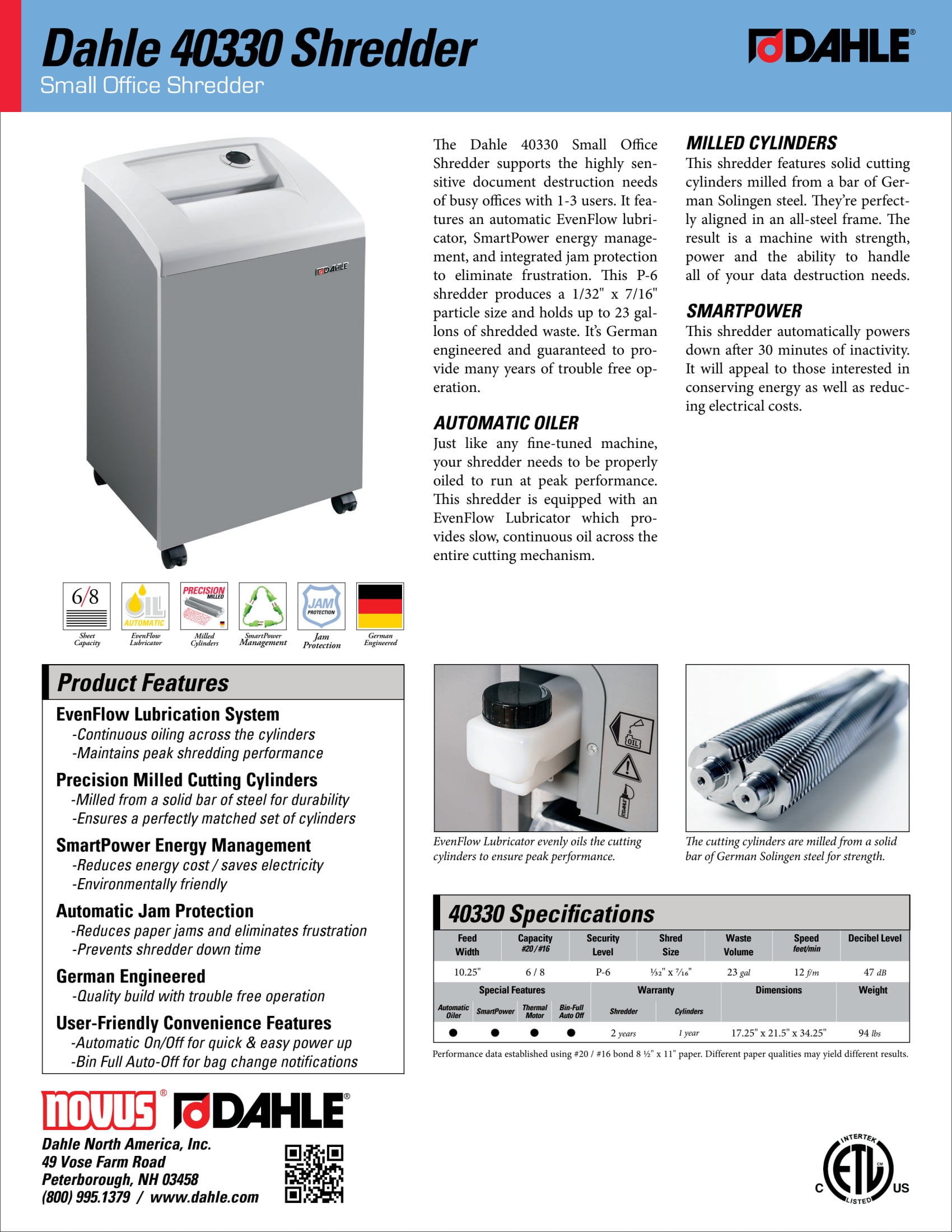 Dahle 40330 Paper Shredder w/Auto Oiler, Jam Protection, Extreme Cross Cut, 6 Sheet Max,Level P-6