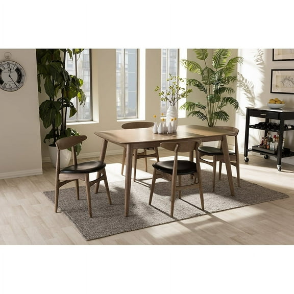 Baxton Studio Edna Mid-Century Modern French Black Faux Leather and "Oak" Light Brown Finishing Wood 5-Peice Dining Set