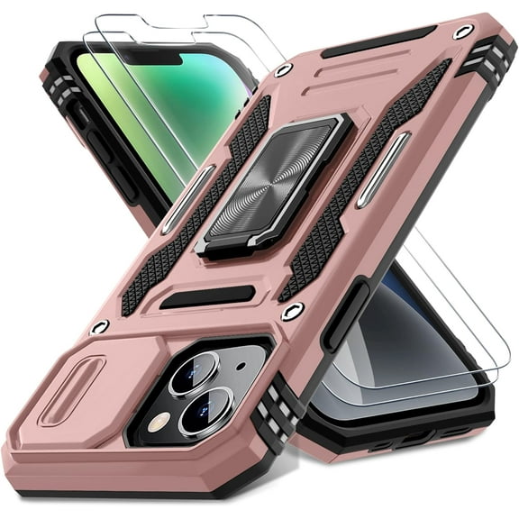 for iPhone 13 Case, iPhone 14 Case with Slide Camera Cover Screen Protector (2 Packs), Rotated Ring Kickstand Military Grade Shockproof Protective Cover-Rose Gold