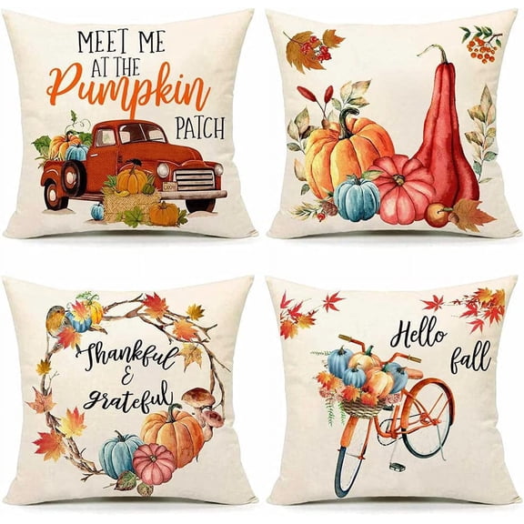 Fall Pillow Covers 18x18 Set of 4 Autumn Pumpkin Patch Truck Harvest Farmhouse Throw Pillow Cases for Couch Thanksgiving Bird Flower and Leaves Cushion Cases for Sofa Decor
