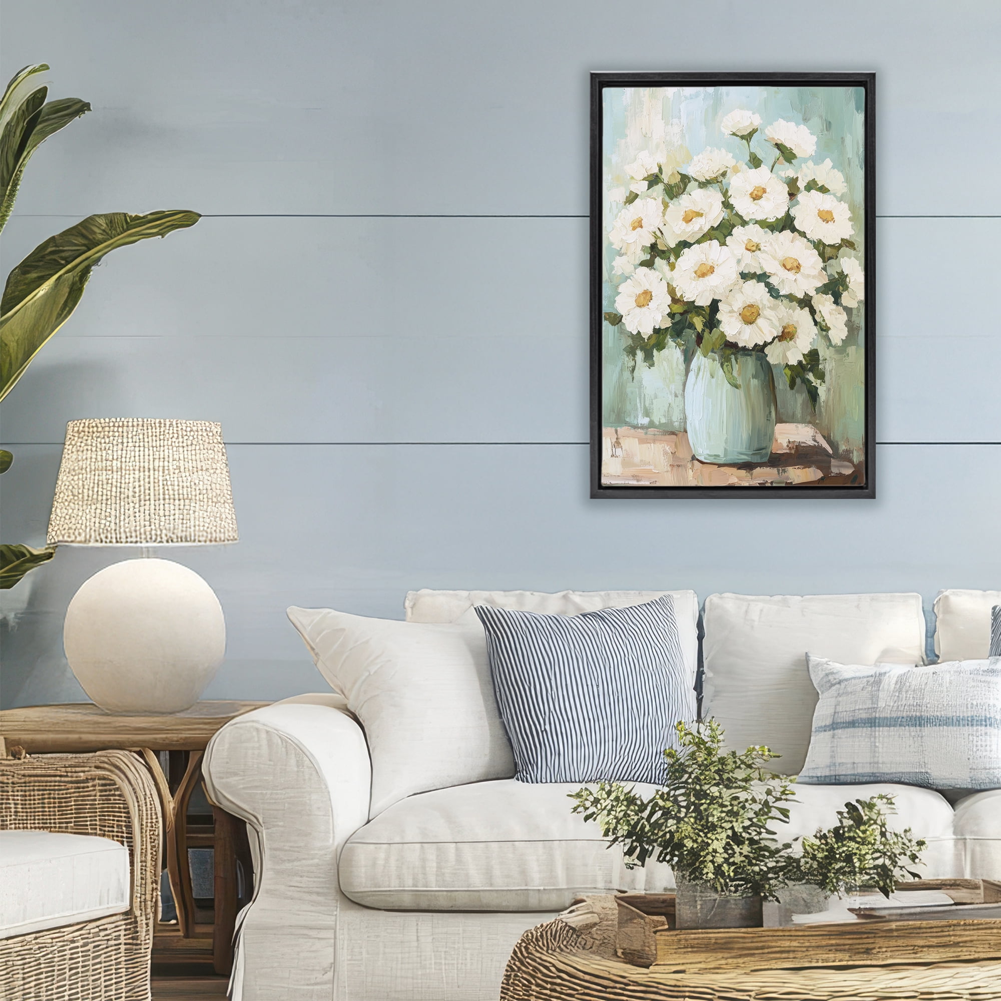 Stupell Industries Cozy Arrangement of White Blooms Black Framed Floater Canvas Wall Art, design by Petal Prints Design