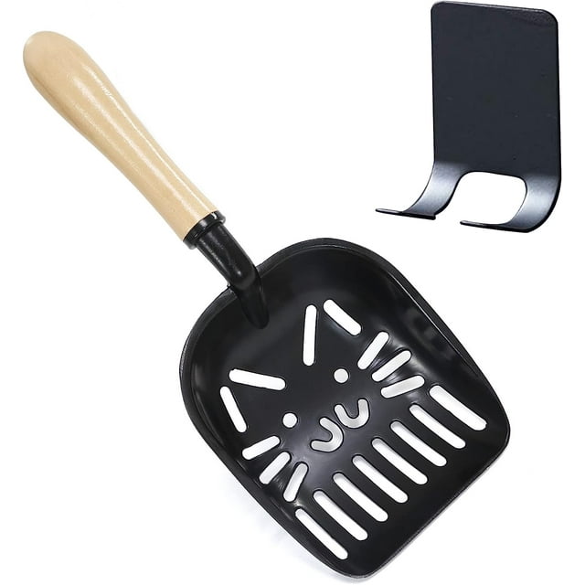 Pala para arena para gatos Cuchara para arena de metal con revestimiento de adherencia mínima - Tamiz para arena con pala profunda - Mango de madera maciza de primera calidad