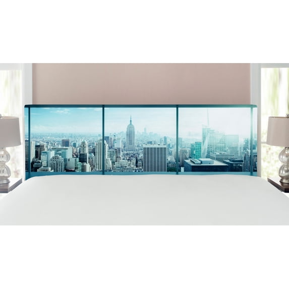 New York Headboard, Aerial View of a Big Crowded Modern City from the Office New York Buildings Urban, Upholstered Decorative Metal Bed Headboard with Memory Foam, King Size, Sky Blue, by Ambesonne