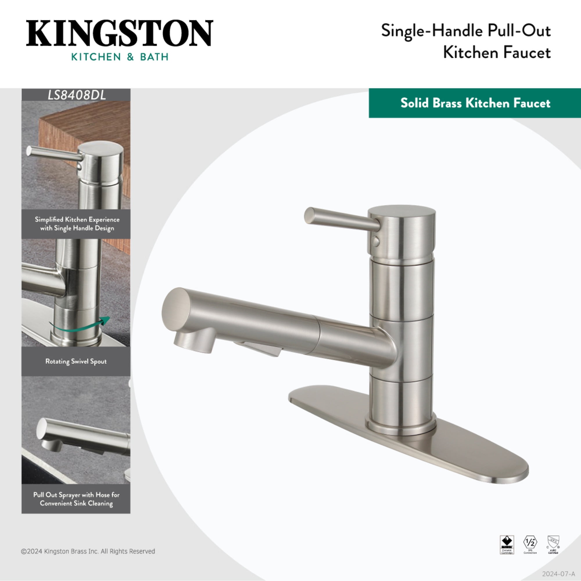 Kingston Brass LS8400DL Single-Handle 1-Hole Deck Mount Pull-Out Sprayer Kitchen Faucet in Matte Black